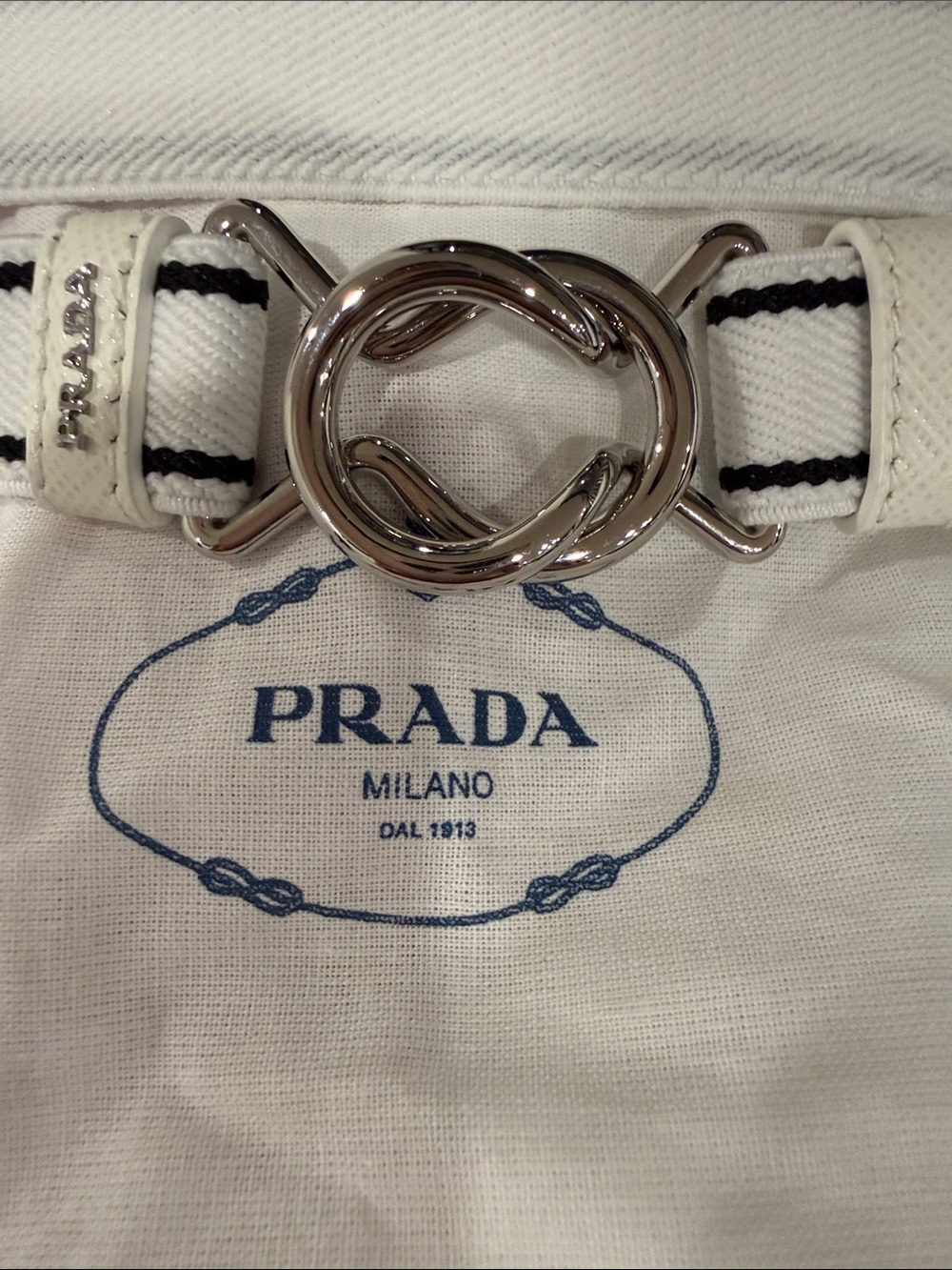 Prada Milano Adjustable Web Belt White Navy Stripe Silver Buckle Size 40 NEW